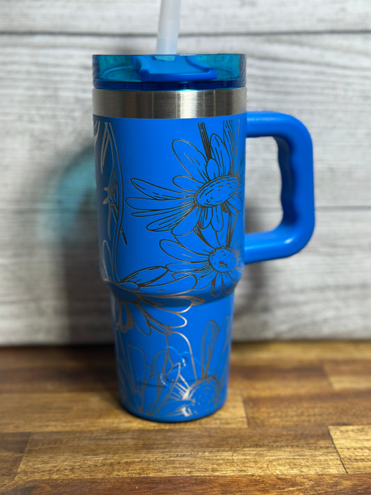 Floral Engraved 18 oz Handled Tumbler - Bright Blue