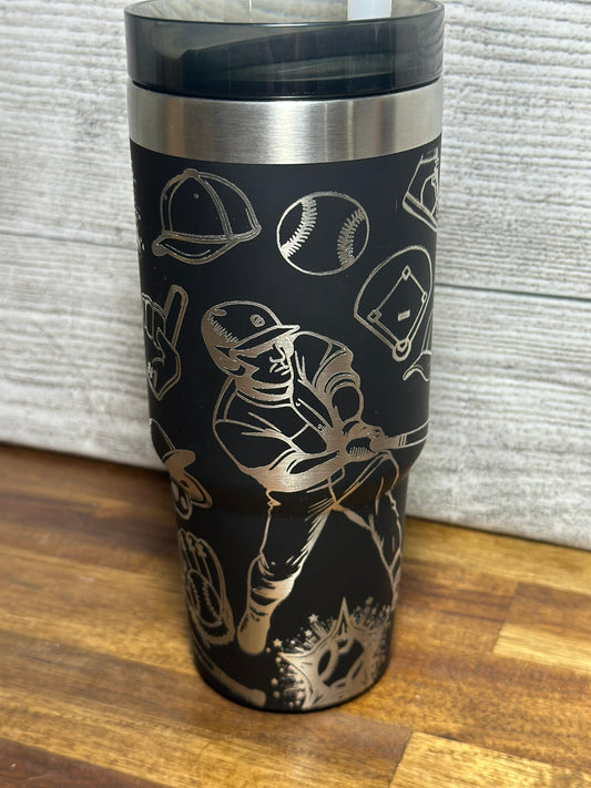 Baseball Themed 18 oz Handled Tumbler - Black